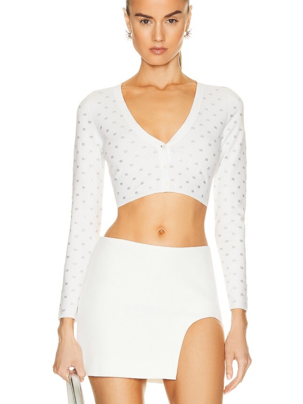 Alexander Wang Crystal Logo V Neck Cropped Cardigan
